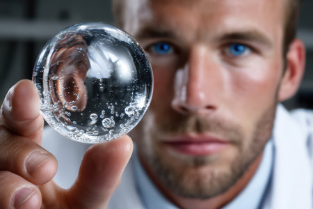 A focused scientist inspects a crystal ball filled with bubbles, showing his curiosity in a lab.の素材