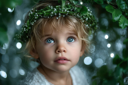 Young child with bright blue eyes and a floral crown looks up in wonder surrounded by lush greenery and lights.の素材