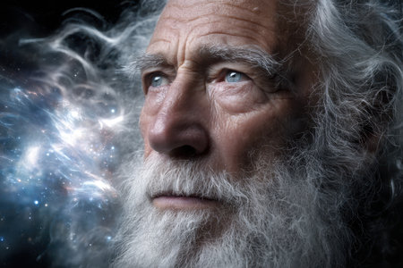 An elderly man with a long beard contemplates as stars and galaxies swirl in the background.の素材
