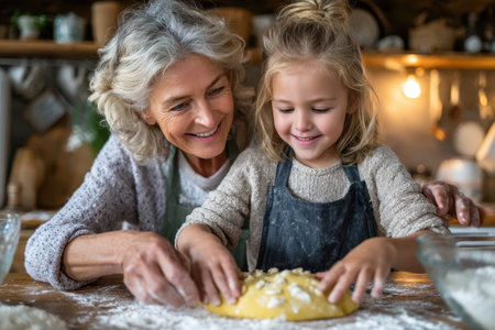 A joyful moment shared between a grandmother and her granddaughter while preparing dough in a warm kitchen.の素材
