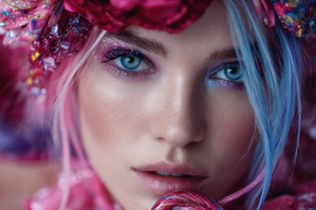 A young woman features colorful hair and intricate floral accessories, highlighting unique makeup artistry.の素材