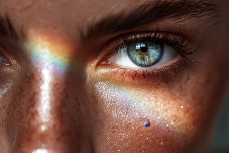 A detailed view of an eye with unique colors reflecting sunlight, highlighting freckles and skin texture.の素材