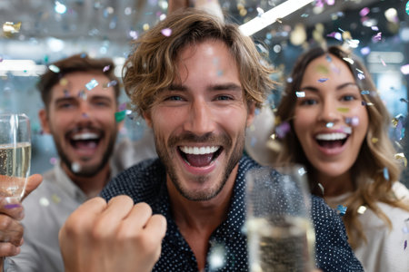 Friends enjoy a festive atmosphere, cheering and smiling while confetti fills the air around them.の素材