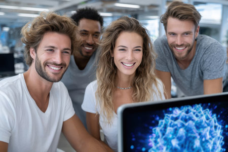 Group of four colleagues sharing ideas and smiling while working on a project in a bright office environment.の素材