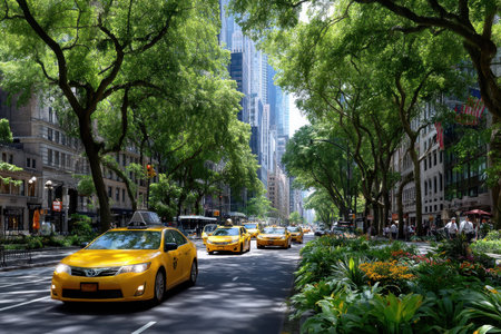 Dozens of yellow taxis drive down a lively street lined with tall buildings and lush greenery on a sunny day.の素材