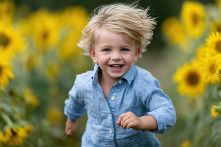 A young child with tousled hair runs happily through tall sunflowers, enjoying a sunny summer afternoon.の素材