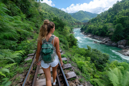 A woman walks along railway tracks by a river, surrounded by mountains and dense greenery under a bright sky.の素材