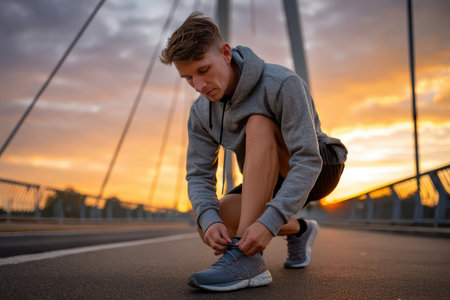 Runner prepares for evening jog by tying shoelaces as the sun sets behind him on the bridge.の素材