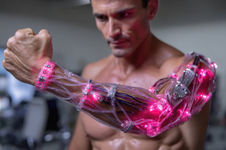 A man demonstrates a futuristic robotic arm equipped with vibrant LED lights in a fitness facility.の素材