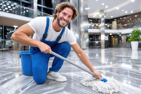 A cheerful man in blue overalls mops the marble floor, showcasing a well-maintained building lobby.の素材