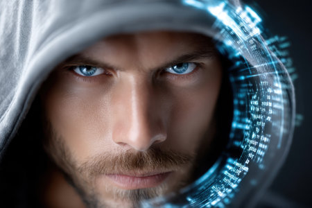 A man with piercing blue eyes and a hood stares intensely at the viewer against a digital backdrop.の素材