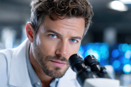 A focused research scientist analyzes samples through a microscope in a high-tech lab environment.の素材
