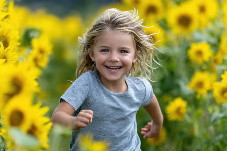 A cheerful child with blonde hair runs among tall sunflowers under clear blue skies, radiating joy.の素材