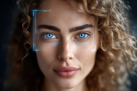 Woman with curly hair showcases striking blue eyes while facial recognition technology scans her features.の素材