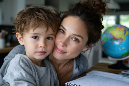 A mother embraces her young son with a smile as they engage in a study session at home.の素材