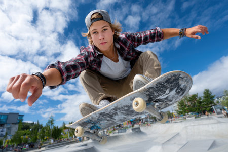 A young skater showcases impressive skills by jumping in the air over a bowl, with clouds in the background.の素材