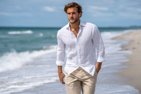 A man strolls along a sandy beach, enjoying the warm sun and gentle waves on a clear day.の素材