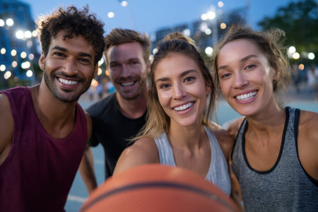 Four friends happily pose together with a basketball, showing their joy after a night of play.の素材