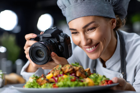 A smiling chef is taking a close-up shot of a vibrant salad full of fresh ingredients in a busy kitchen.の素材