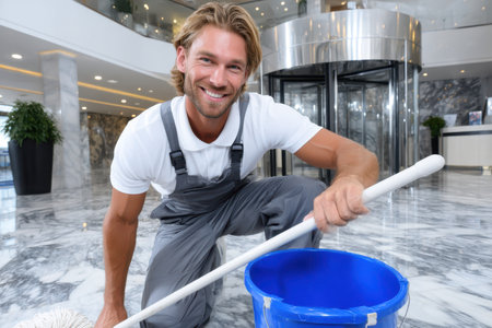 A friendly worker mops a marble floor in a spacious lobby, showcasing his dedication to cleanliness.の素材