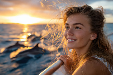 A woman smiles at the sunset while dolphins play in the water around her boat on a beautiful evening.の素材