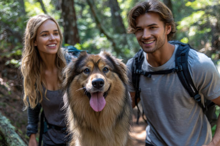 Two hikers smile and bond with their fluffy dog while exploring a vibrant forest trail under sunlight.の素材