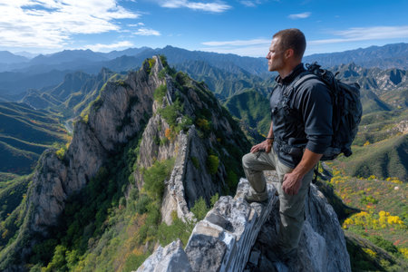 A hiker gazes at panoramic views from a high cliff along the Great Wall of China during autumn.の素材
