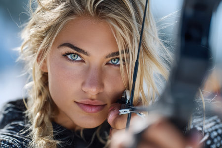 A skilled archer aims at a target with a bow in a winter landscape, demonstrating concentration and poise.の素材