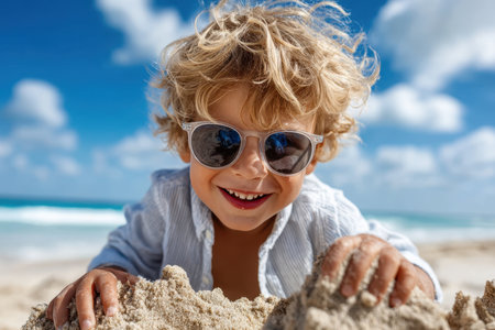 A happy child builds a sandcastle at the beach wearing sunglasses, enjoying the sunny weather.の素材