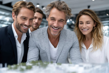 Four professionals evaluate a scale model of a city project during a meeting in a modern office.の素材