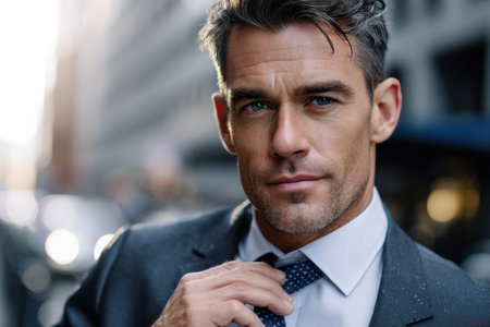 Professional man in suit adjusts his tie, exuding confidence in an urban environment as the sun sets.の素材