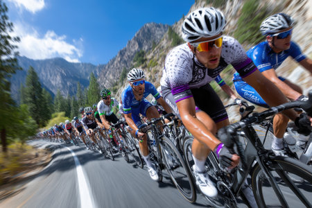 A group of cyclists races along a winding road surrounded by majestic mountains and clear blue skies.の素材