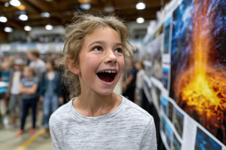 A girl with curly hair smiles widely while attending a bustling science fair filled with vibrant displays.の素材