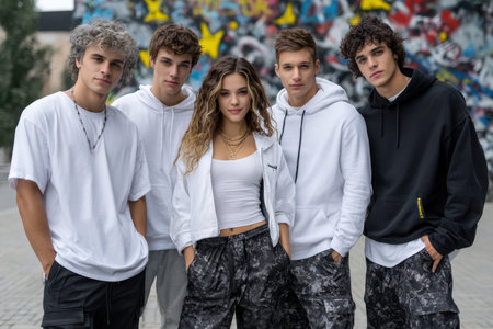 Five teenagers dressed in casual streetwear gather confidently for a group photo in an artistic urban environment.の素材