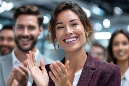 Colleagues express joy and support as they applaud a team achievement in a contemporary office environment.の素材
