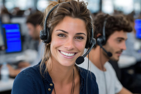 Two professionals assist customers at desks filled with computers, showing teamwork and communication skills.の素材