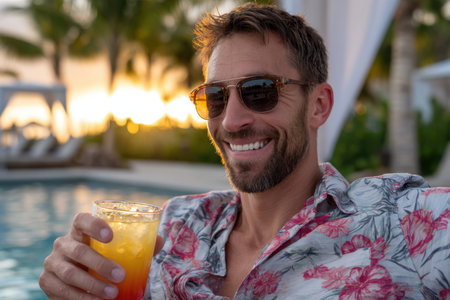 Relaxing by the pool, a man with sunglasses smiles while sipping a colorful tropical drink at sunset.の素材