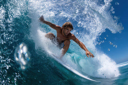 A young man skillfully maneuvers on his surfboard while riding an impressive wave under a bright sky.の素材