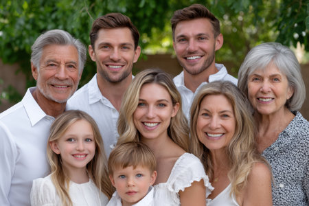 People are enjoying time together outdoors in a bright garden, with smiles and laughter creating a warm atmosphere.の素材