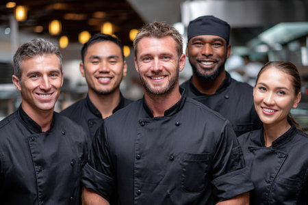 Group of five chefs gathering in a bustling kitchen, showing teamwork and culinary passion during dinner preparation.の素材
