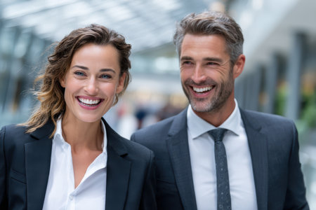 Two smiling business professionals walk together in a contemporary office setting, showing teamwork and positivity.の素材