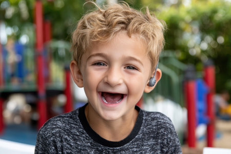 A young boy with curly hair is laughing happily while enjoying time at a colorful playground filled with children.の素材