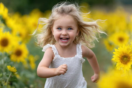 A young girl with blonde hair runs happily among tall sunflowers, enjoying a bright sunny day in nature.の素材