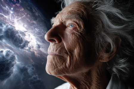 An elderly man gazes thoughtfully at a dramatic cosmic scene filled with swirling clouds and lightning.の素材
