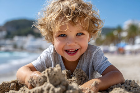 A joyful little boy with curly hair plays in the sand, smiling brightly while enjoying a sunny day at the beach.の素材