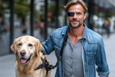 A man wearing an eye patch is walking his friendly golden retriever along a bustling city sidewalk surrounded by people.の素材