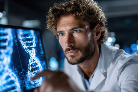 A research scientist examines a digital display of DNA strands while working in a laboratory at night.の素材