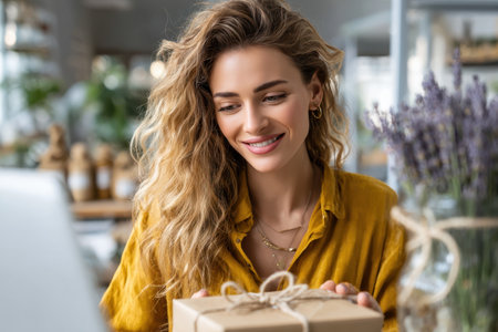A woman with curly hair joyfully holds a present while sitting in a warm and inviting store, filled with plants.の素材