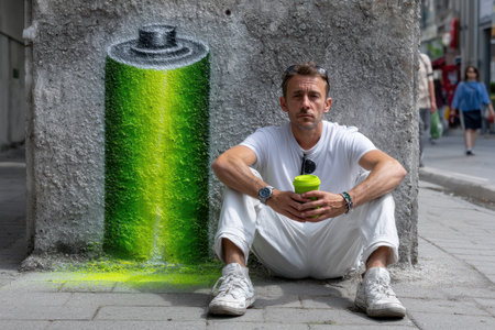 A man wearing white clothing relaxes on the street next to a vibrant green battery mural, savoring a drink.の素材