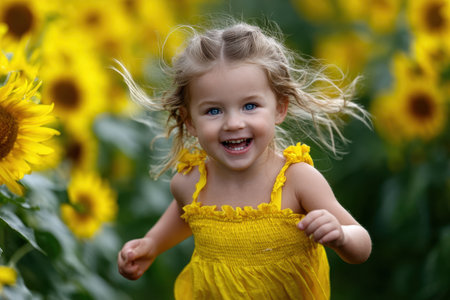 A young girl with blonde hair laughs while running among bright sunflowers, enjoying the sunny weather.の素材